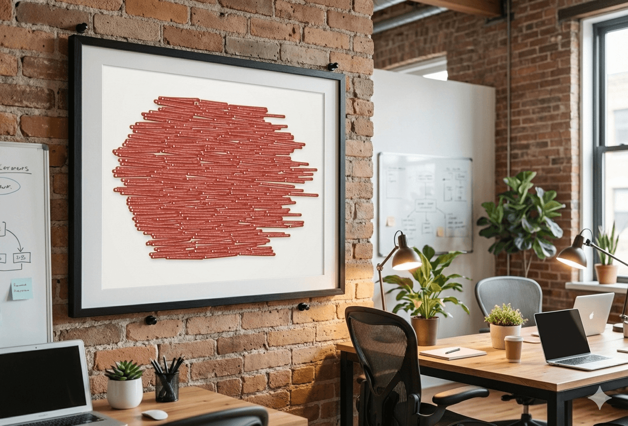 Large framed poster on a studio wall