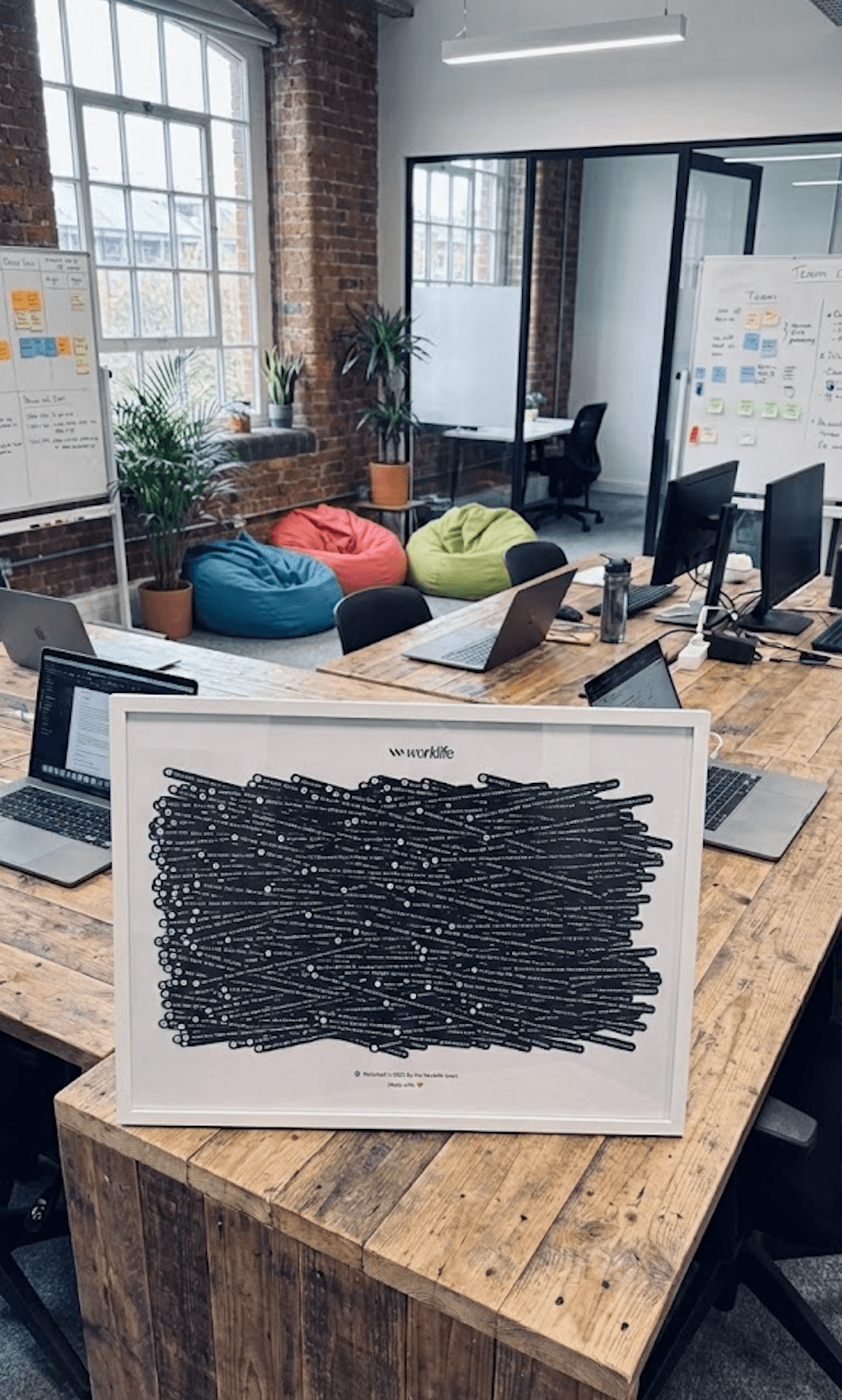 Poster next to a desk setup in a bright workspace