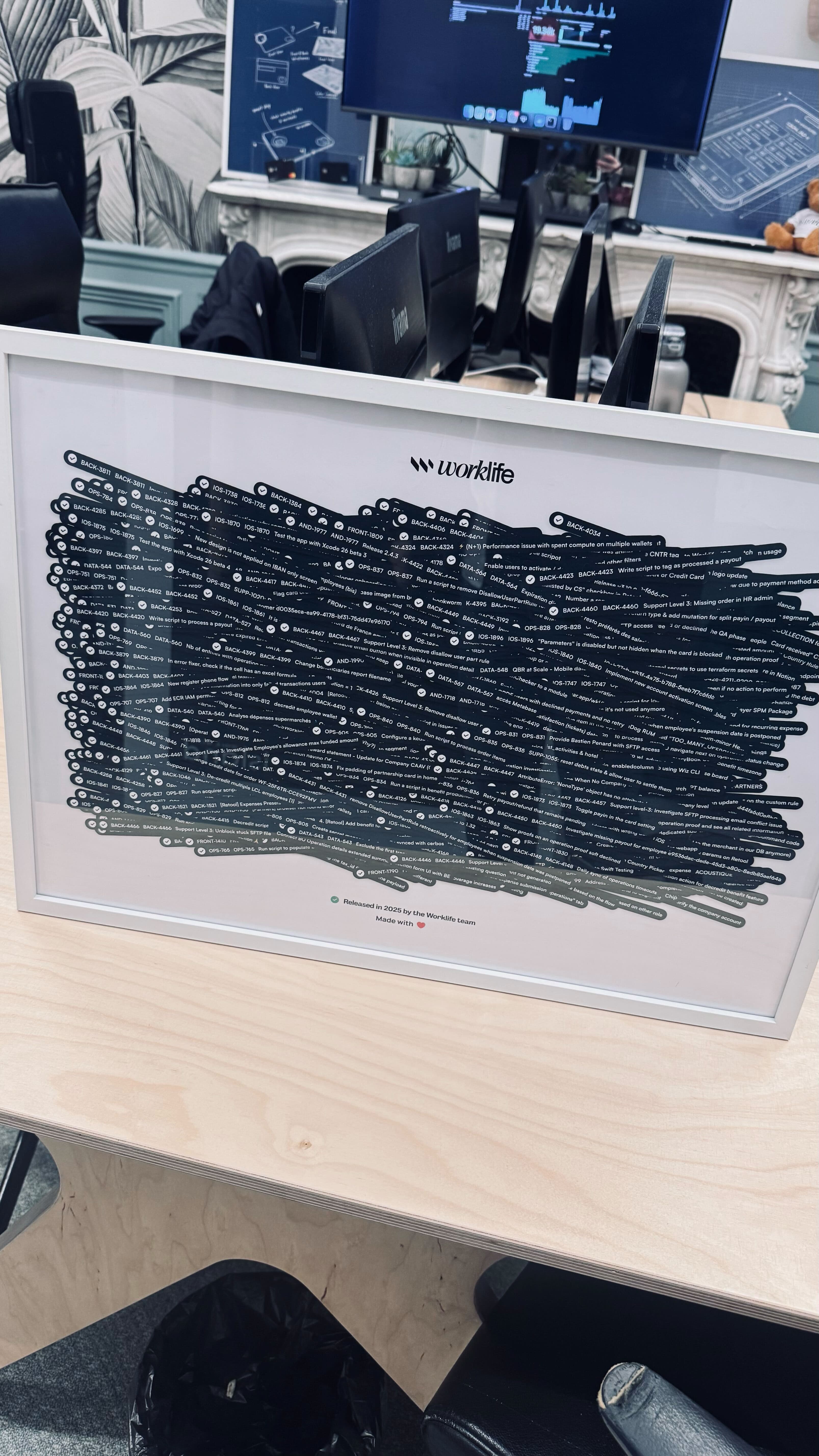 Poster displayed in a modern office corridor